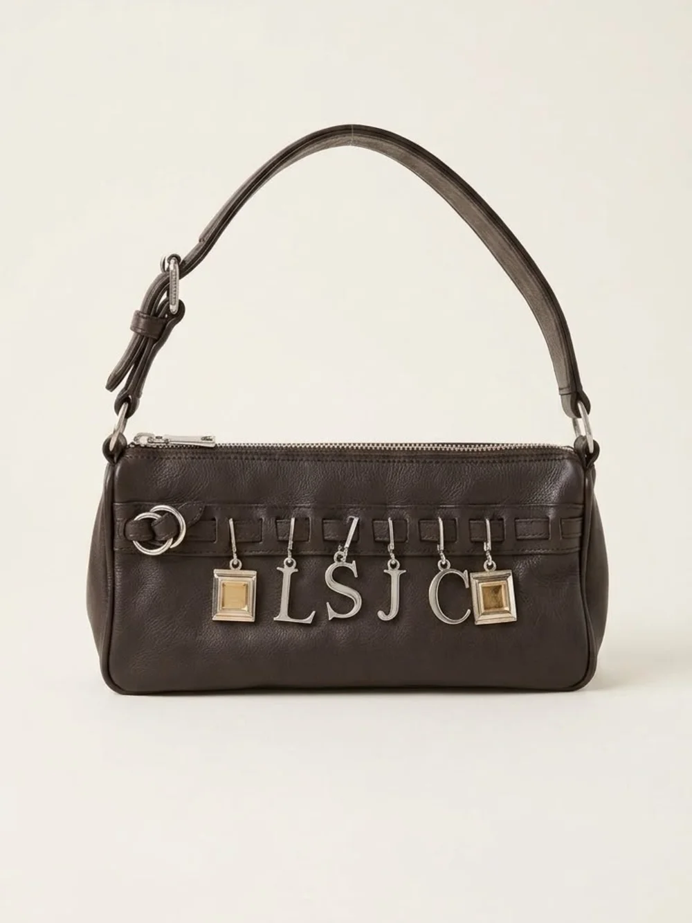 Vintage Brown Leather Shoulder Bag with Letter Charms